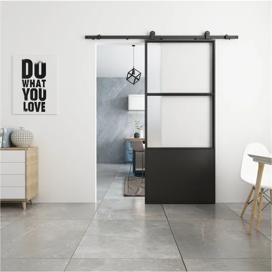 Puerta de granero interior con marco de acero negro y vidrio transparente con kit de herrajes corredizos
