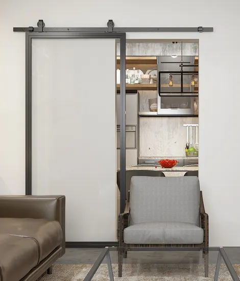 Puerta interior de una pieza con marco de acero negro para apartamento con inserto de vidrio transparente