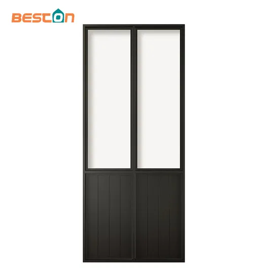 Puerta de granero de vidrio transparente con marco de acero con placa protectora para cocina