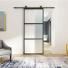 Puertas de granero de vidrio de acero corredizas interiores negras esmeriladas de 3 paneles