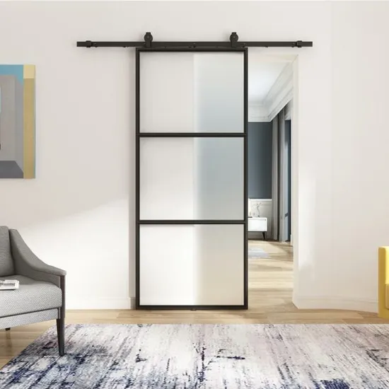 Puertas de granero de vidrio de acero corredizas interiores negras esmeriladas de 3 paneles