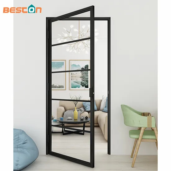 Puerta de vidrio batiente con marco de acero negro con bisagras para uso interior