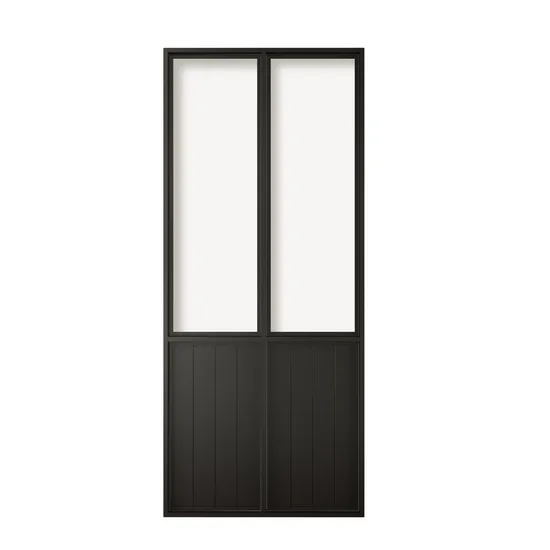Puerta de granero de vidrio transparente con marco de acero negro estilo francés con placa protectora