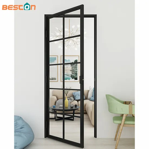Puerta de bisagra de vidrio abatible con marco de acero negro estilo francés Loft