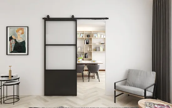 Puerta de granero Concorde de vidrio y metal con paneles y kit de herrajes de instalación