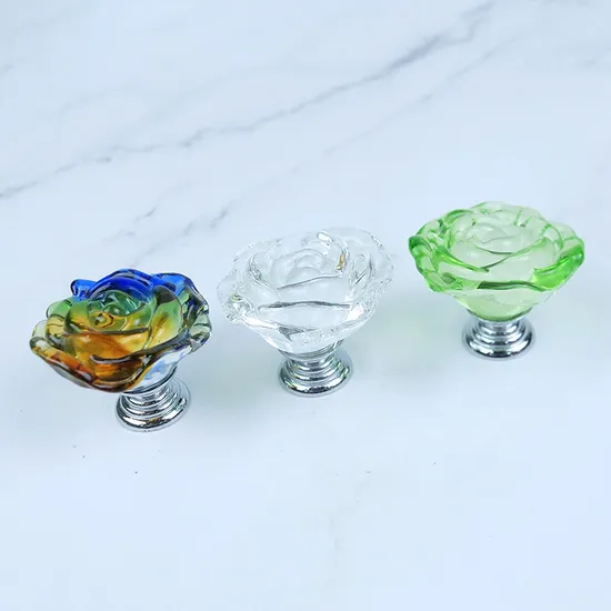 Perilla de cocina con forma de rosa, manijas coloridas con diamantes de imitación, perilla de cristal para gabinete