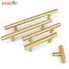 Tirador en forma de T para puerta de cajón dorado, latón y acero inoxidable
