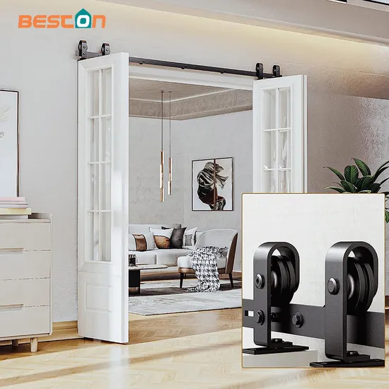 Kit de herrajes para puerta de granero plegable – Sistema de rodillos de riel plegable de 4 puertas de montaje superior resistente para puertas de 52-84 pulgadas | Fácil instalación Comercial Residencial