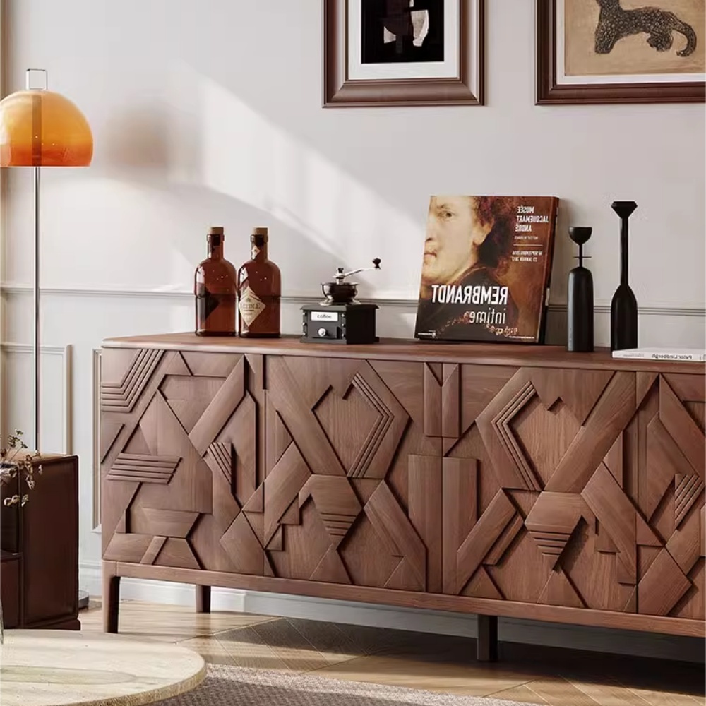 Aparador moderno de madera maciza de nogal - 4 puertas, 2 cajones y estantes ajustables para sala de estar | Almacenamiento de lujo