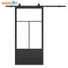 Puerta corrediza de granero con acabado de metal negro y vidrio transparente con kit de herrajes