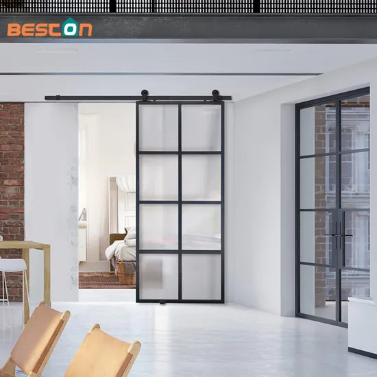 Puerta moderna con marco de acero, puerta corrediza de vidrio de seguridad templado de 3/8' de espesor pesado