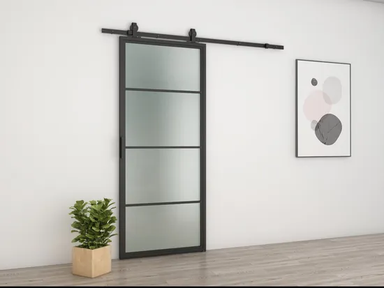 Puerta de granero estilo loft de vidrio transparente con marco de acero negro y herrajes corredizos