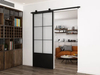 Puerta de granero de cristal con marco de acero negro moderno, puerta corrediza interior