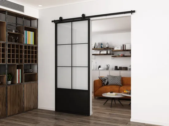 Puerta de granero de cristal con marco de acero negro moderno, puerta corrediza interior
