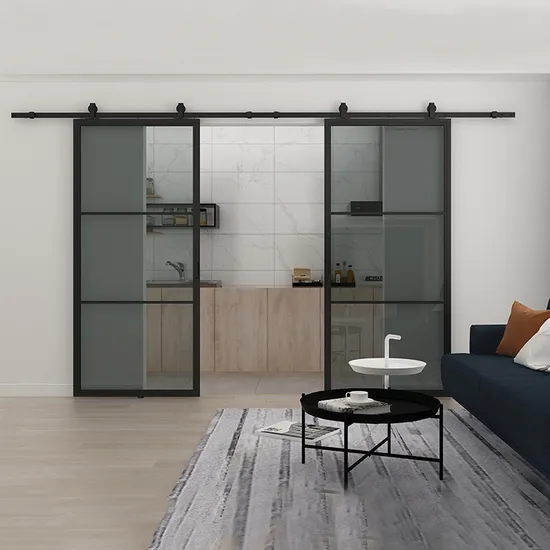Puerta corrediza de vidrio de impacto deslizante doble de vidrio con recubrimiento en polvo negro