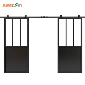 Puerta de granero de vidrio doble con kit de herrajes de montaje superior de 12 pies