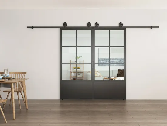 Herrajes para puertas corredizas interiores de vidrio transparente con marco de acero al carbono negro francés