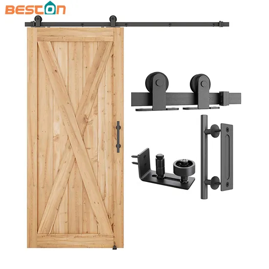 Kit de herrajes para puerta corrediza de granero de montaje superior de 6 pies con colgador en forma de T, manija y guía para el piso